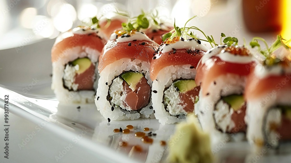 A zoomed-in photo of a sushi platter adorned with fresh cucumber and avocado slices A zoomed-in photo of a sushi platter adorned with fresh cucumber and avocado slices