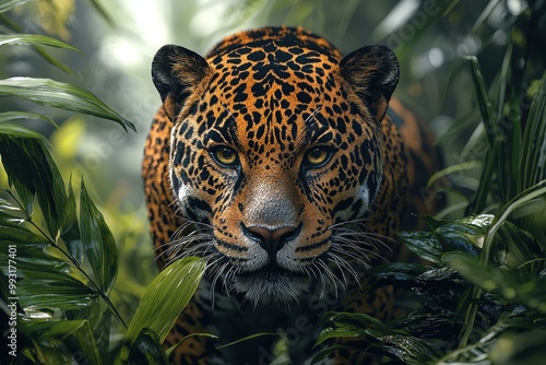 Close-up of a jaguar stalking through dense jungle foliage, AI Generation