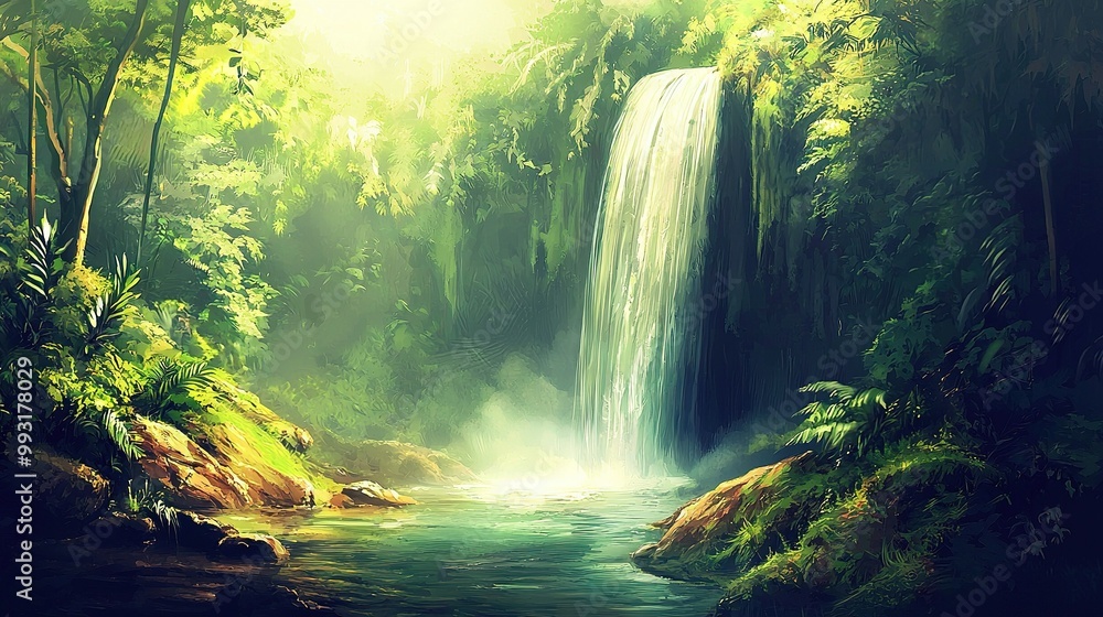 A waterfall painting in the forest with a central stream A waterfall painting in the forest with a central stream