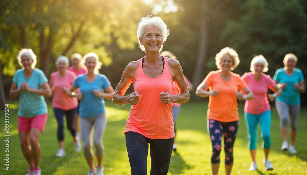 Fototapeta premium Elderly women exercise outdoors with a fitness instructor in a sunny, lively park scene.