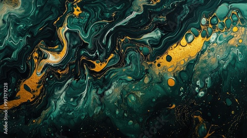 Abstract acrylic fluid art featuring dark green and golden foamy waves creating a marbled ocean like texture