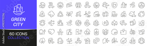 Green city line icons collection. Thin outline icons pack. UI icon collection. Set of line web pictogram