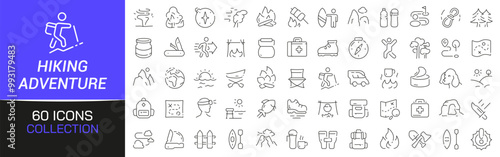 Hiking and adventure line icons collection. Thin outline icons pack. UI icon collection. Set of line web pictogram photo