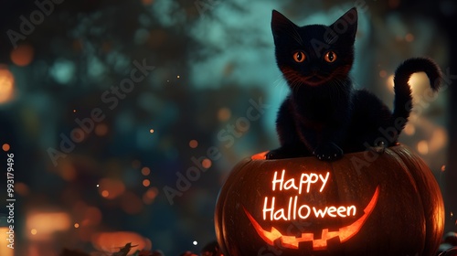 Black cat sitting on a jack-o-lantern with text - 