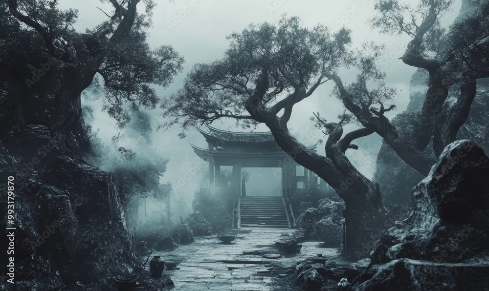 Obraz premium Misty path leads to ancient temple.