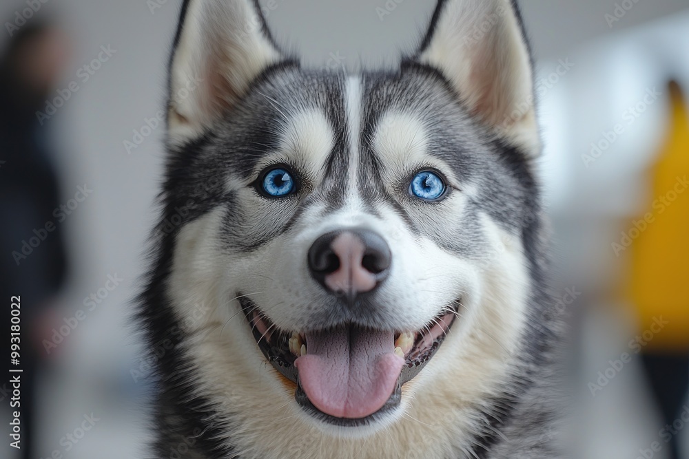 Close-up of a happy Siberian Husky with bright blue eyes, tongue out, and smiling expression Generative AI Close-up of a happy Siberian Husky with bright blue eyes, tongue out, and smiling expression Generative AI