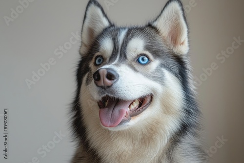 Close-up of a happy Siberian Husky with bright blue eyes, tongue out, and smiling expression Generative AI