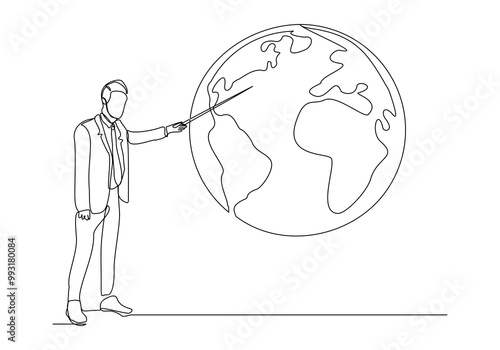 Continuous single line sketch drawing of standing presenter man doing presentation pointing on world earth globe with stick explain map weather meteorology prediction. One line art vector illustration