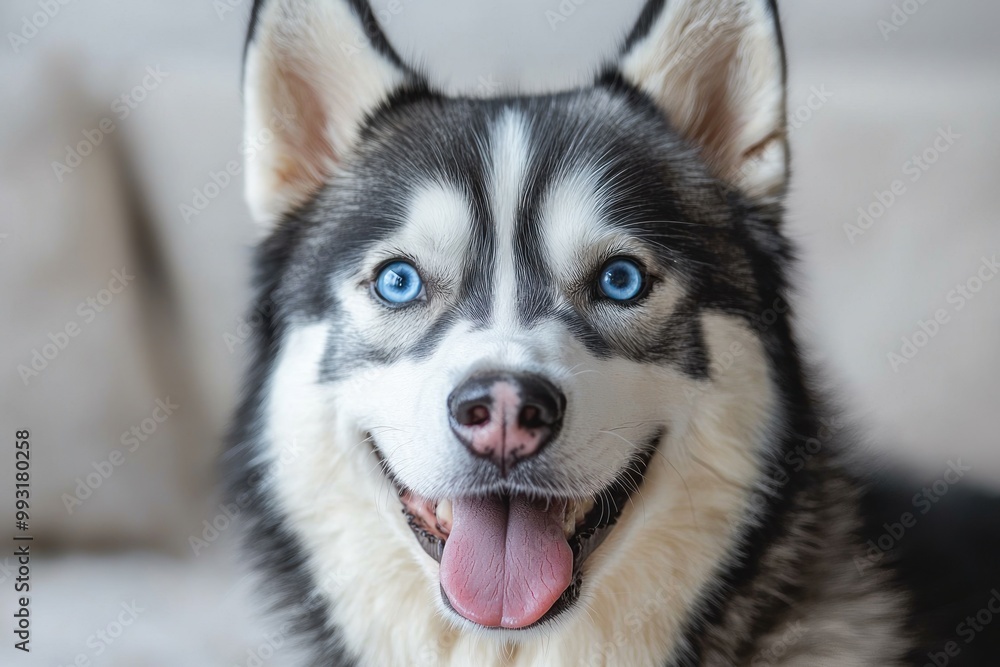 Close-up of a happy Siberian Husky with bright blue eyes, tongue out, and smiling expression Generative AI Close-up of a happy Siberian Husky with bright blue eyes, tongue out, and smiling expression Generative AI