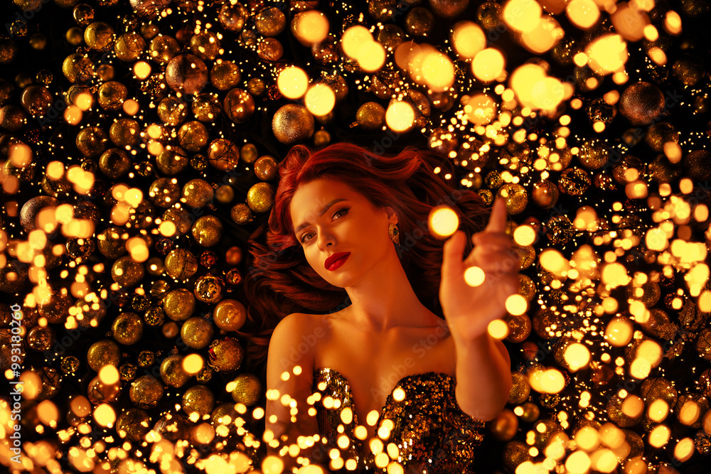 Fototapeta premium High angle photography of stunning rich classy lady lying on shiny decorations background posing studio photo set