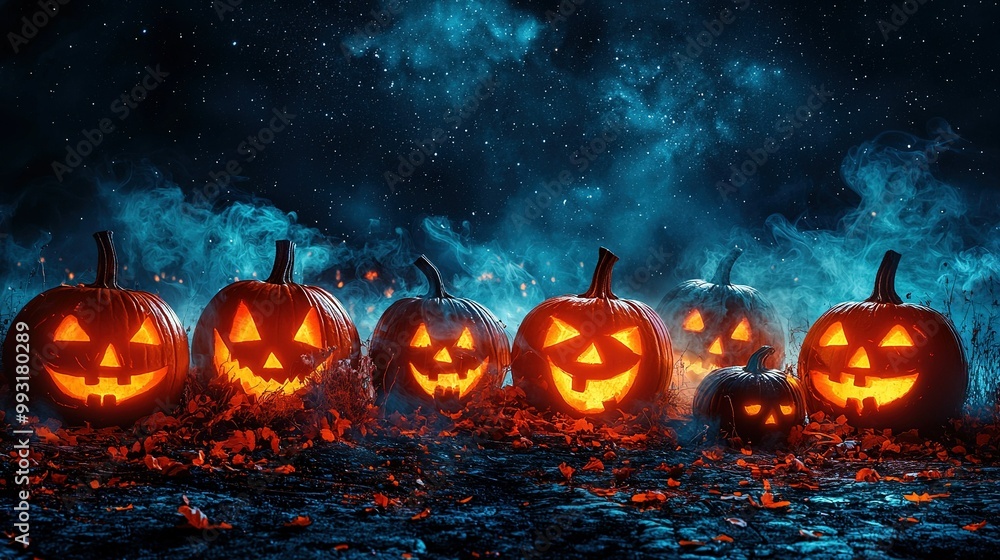 A cluster of pumpkins perched atop a mound of foliage, framing a celestial panorama A cluster of pumpkins perched atop a mound of foliage, framing a celestial panorama