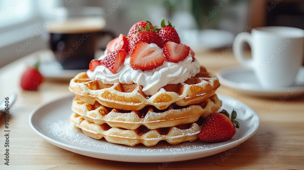 Waffles with whipped cream and strawberries on a plate beside coffee Waffles with whipped cream and strawberries on a plate beside coffee