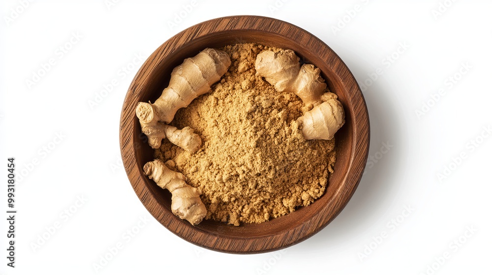 Ginger, the root or powder, is captured in a wooden bowl, set against a pristine white backdrop. This overhead view offers a captivating perspective of the aromatic spice. Ginger, the root or powder, is captured in a wooden bowl, set against a pristine white backdrop. This overhead view offers a captivating perspective of the aromatic spice.
