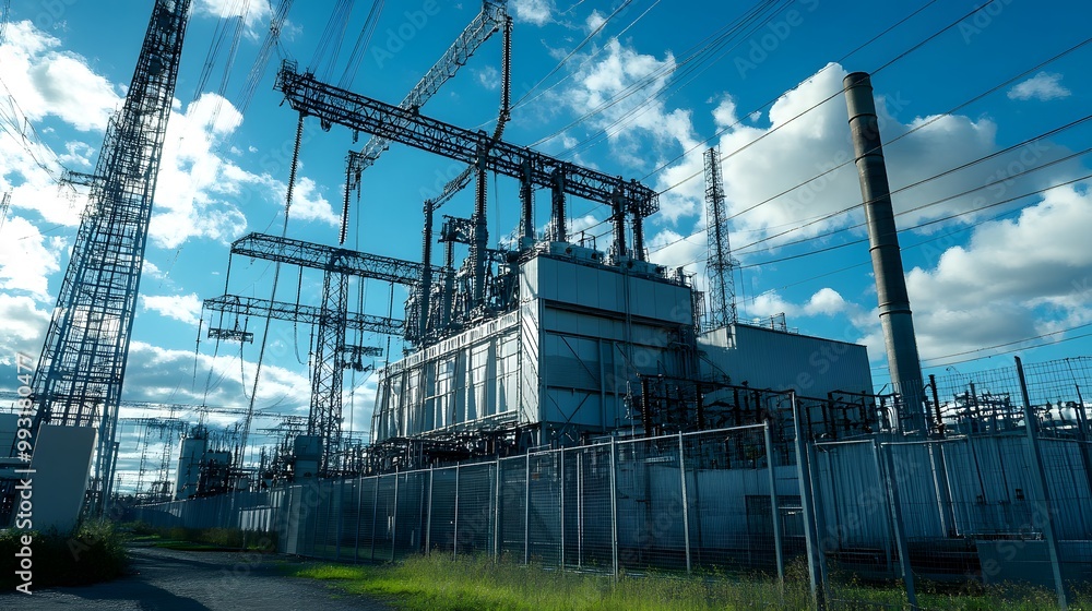 A large industrial plant with tall smokestacks. The sky is clear and blue. The plant is producing energy A large industrial plant with tall smokestacks. The sky is clear and blue. The plant is producing energy