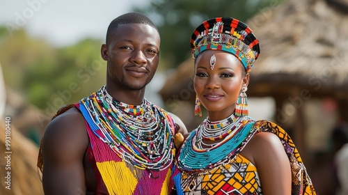 Joyful Traditional South African Wedding Couple in Colorful Tribal Outfits Embracing in Charming Village Setting - Full Body Shot