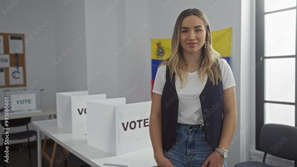 Young, attractive woman inside an electoral college room in venezuela with vote boxes and venezuelan flag in the background. Young, attractive woman inside an electoral college room in venezuela with vote boxes and venezuelan flag in the background.