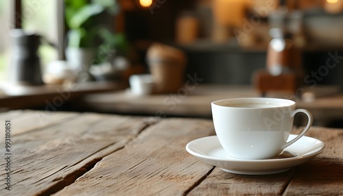 Minimalist White Coffee Cup on Rustic Wooden Tabletop