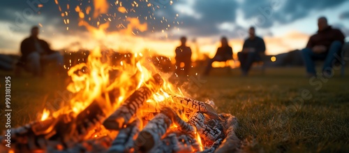 A warm campfire glows as friends gather around under a twilight sky, sharing stories and creating lasting memories.