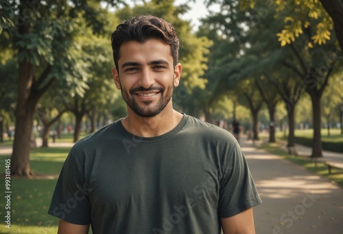 Handsome Middle Eastern man on a sunny day. Middle Eastern male smiling outdoors. Happy Middle Eastern man enjoying the outdoors.