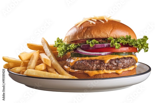 A photo of a freshly cooked burger with lettuce, tomato, and onion on a plate