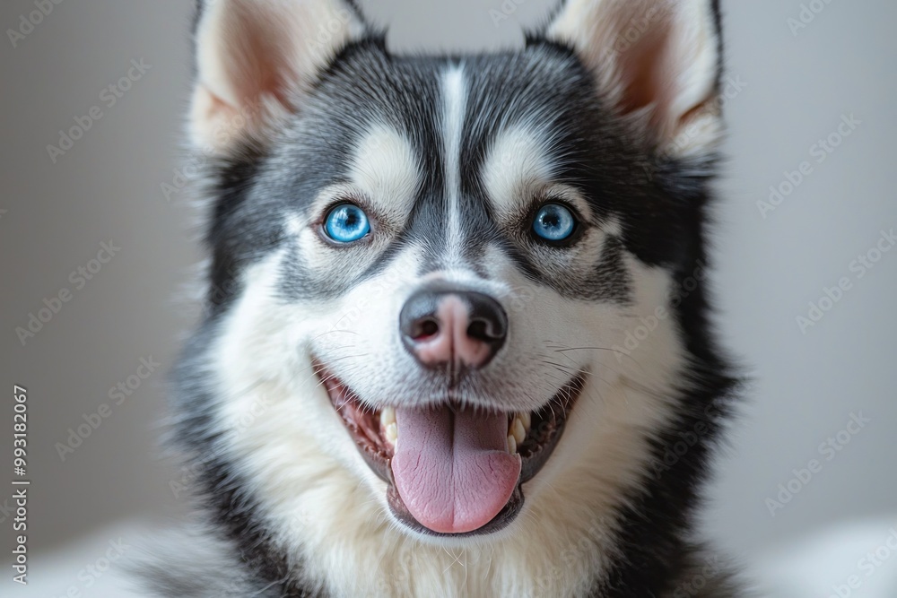 Obraz premium Close-up of a happy Siberian Husky dog with bright blue eyes and tongue out, smiling joyfully Generative AI