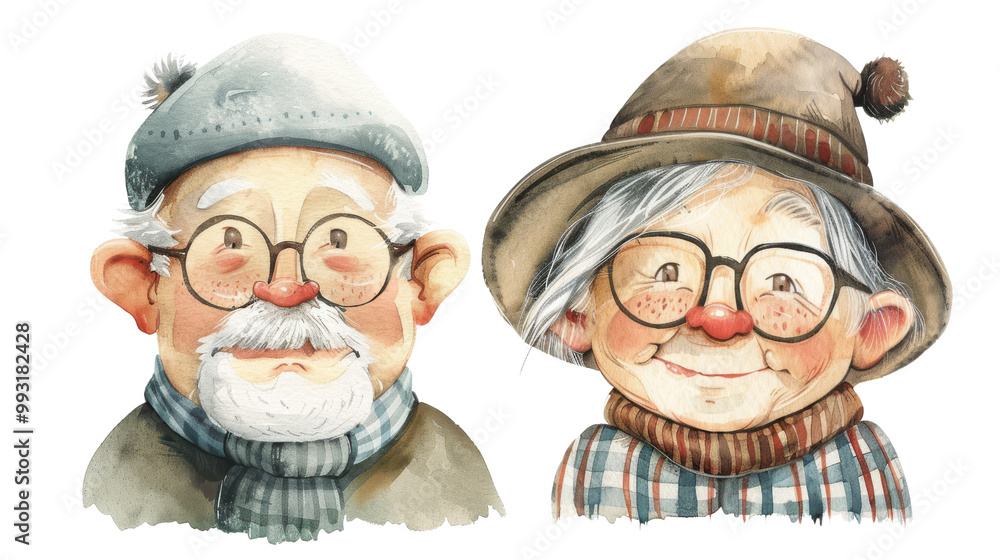 Fototapeta premium Warm and cheerful elderly couple with glasses, wearing winter hats and scarves, exuding sense of love and companionship. Their joyful expressions reflect lifetime of shared memories