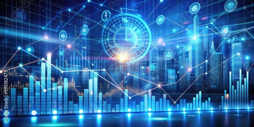 High-tech stock photo background featuring futuristic data analytics, charts, and digital interfaces with glowing elements, symbolizing business intelligence technology