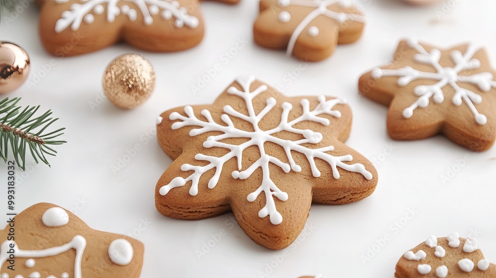Gingerbread cookies with classic decorations on a white background. Gingerbread cookies with classic decorations on a white background.