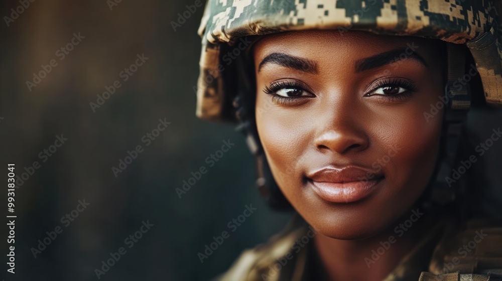 Soldier in a camouflage uniform and helmet, smiling outdoors. Human aspect of military service. AI image. Soldier in a camouflage uniform and helmet, smiling outdoors. Human aspect of military service. AI image.