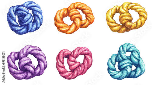 Colorful rope knots in various shapes and styles, showcasing vibrant hues of purple, orange, pink, blue, and yellow. These artistic knots add playful touch to any design