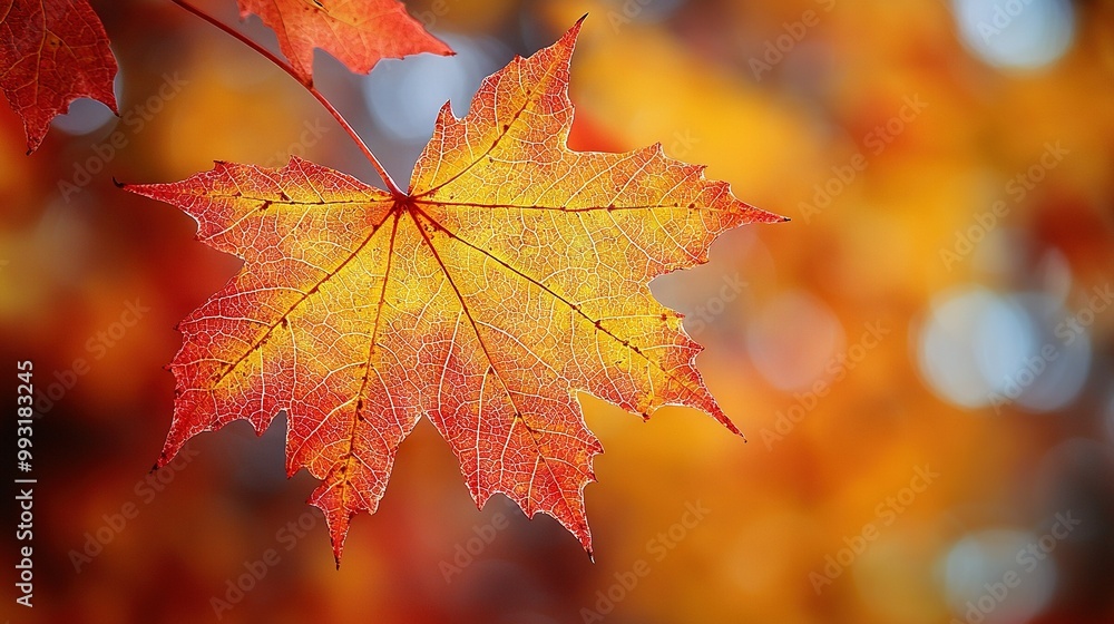 A leaf's close-up shows a blurred tree background A leaf's close-up shows a blurred tree background