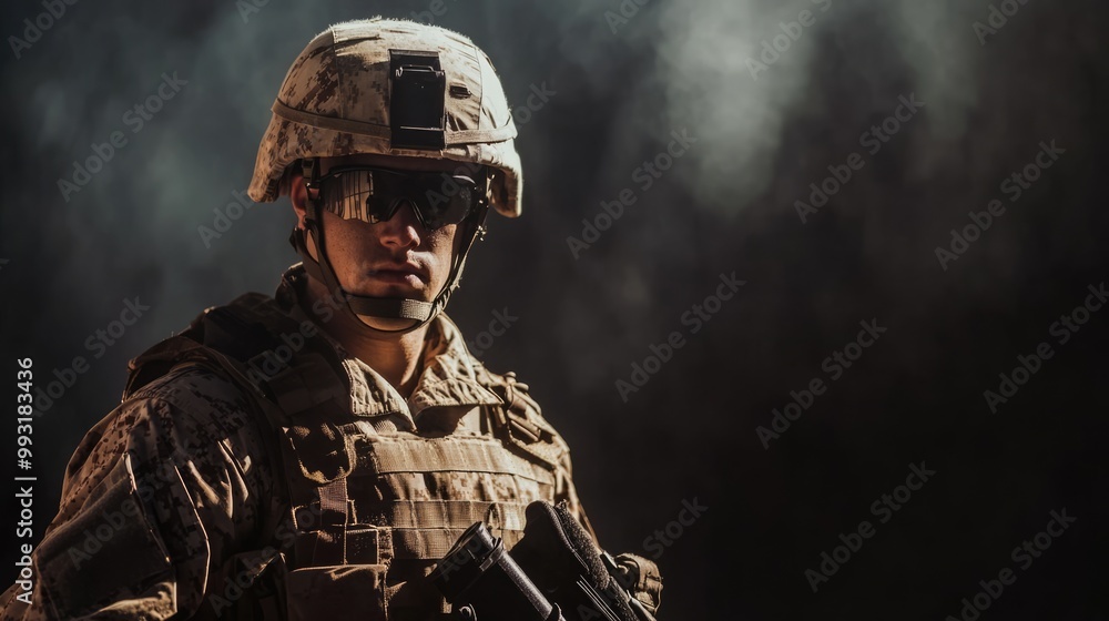 Soldier in tactical gear and camouflage uniform holding a rifle. AI generated! Soldier in tactical gear and camouflage uniform holding a rifle. AI generated!