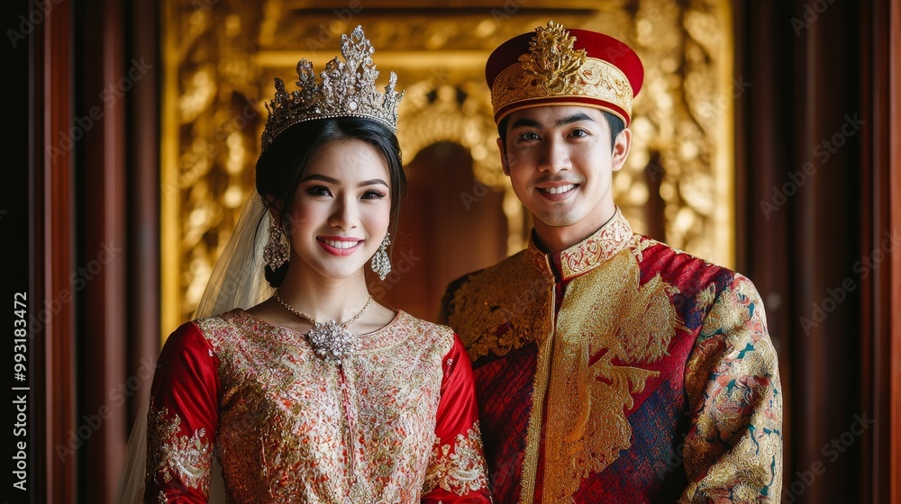 Obraz premium Elegant Traditional Malaysian Wedding Couple in Songket Outfits Posing Outside Royal Palace Full Body Shot