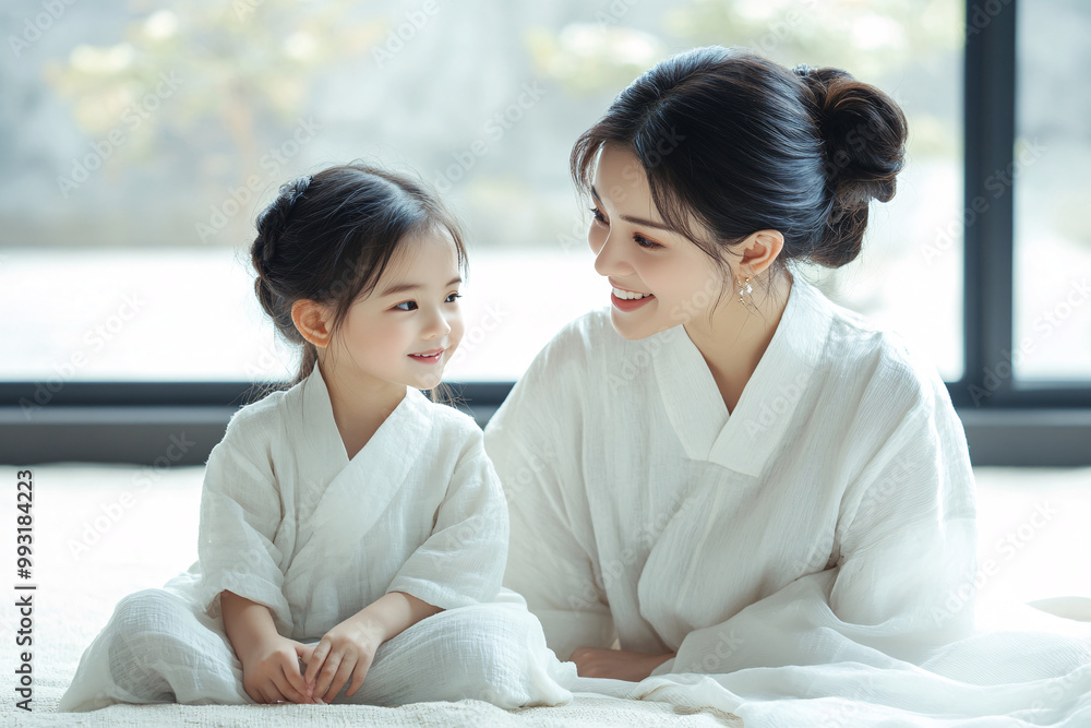 Young Chinese mother and cute daughter interacting and smiling in front of a plain background, dressed in simple Uniqlo clothes, during a family photo portrait shoot. Young Chinese mother and cute daughter interacting and smiling in front of a plain background, dressed in simple Uniqlo clothes, during a family photo portrait shoot.