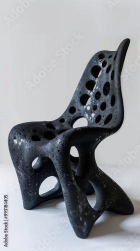 organic chair made of black concrete and with a pattern of cholla cactus wood isolated on a white background