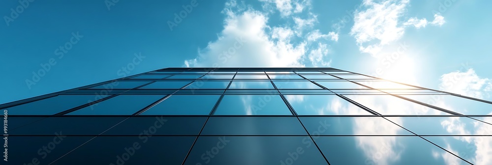 Modern Office Building Photo - Glass Facade Reflecting Blue Sky and Clouds Modern Office Building Photo - Glass Facade Reflecting Blue Sky and Clouds