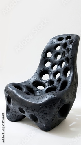 organic chair made of black concrete and with a pattern of cholla cactus wood isolated on a white background