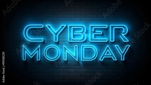 Bright neon Cyber Monday text glowing on a brick wall background for promotional advertising. photo