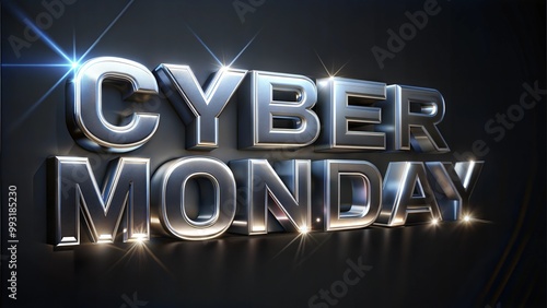 Shiny 3D Cyber Monday text with reflections on a dark background for promotional and advertising use. photo