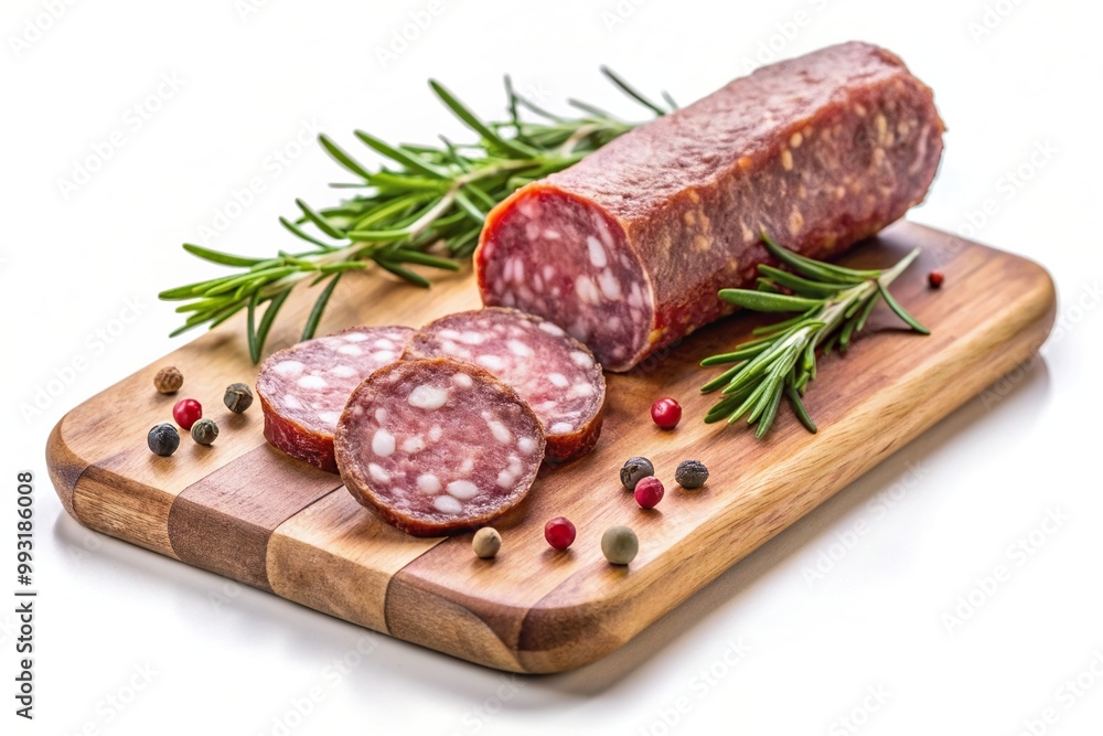 Sliced salami with rosemary and peppercorns on a cutting board isolated on a white background, snack, charcuterie, condiment, culinary art, rosemary, spice, meat, herb, photography Sliced salami with rosemary and peppercorns on a cutting board isolated on a white background, snack, charcuterie, condiment, culinary art, rosemary, spice, meat, herb, photography