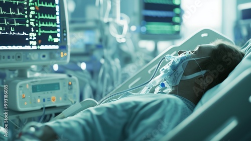 Patient receiving mechanical ventilation in a hospital critical care unit during a medical procedure