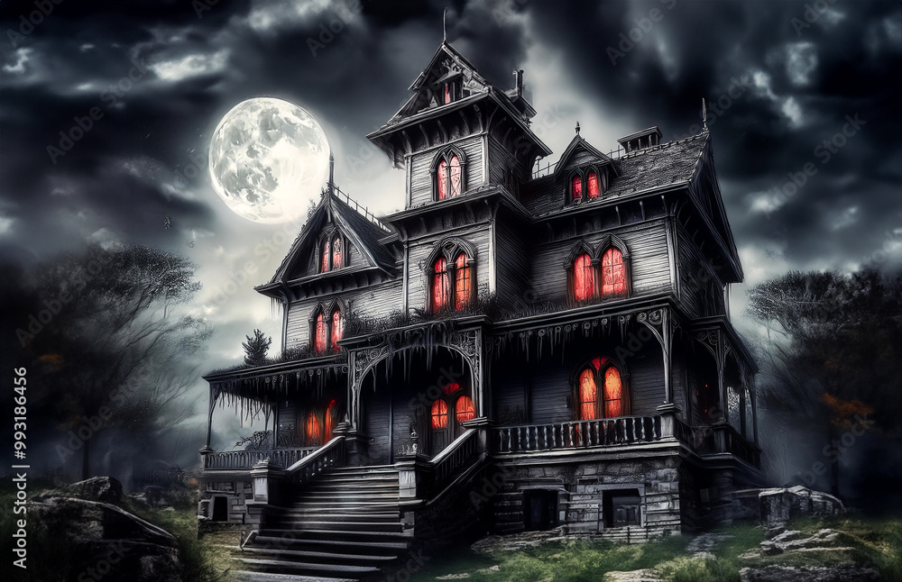 Fototapeta premium Abandoned haunted wooden house in the forest illuminated by a full moon on a cloudy day. House of horrors, Halloween concept