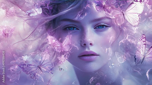  A stunning young woman with blue eyes, surrounded by pink flowers and dancing butterflies In the foreground, a beautiful blue-eyed girl gazes at the camera