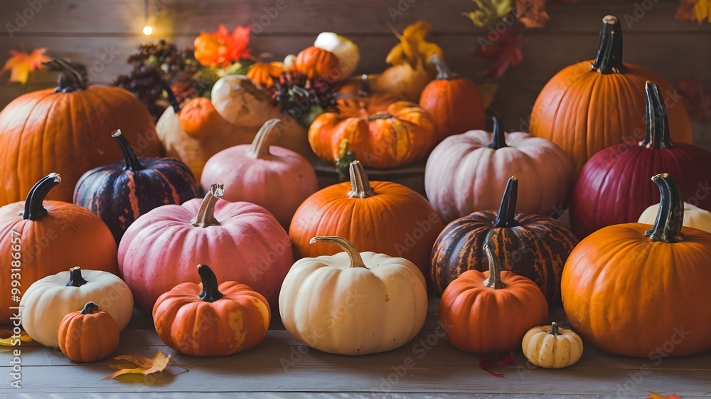 Beautiful Autumn Display of Varied Pumpkins and Gourds: A Colorful Arrangement Celebrating Fall Harvests, Featuring Shades from Bright Orange to Elegant White, Surrounded by Festive Leaves Beautiful Autumn Display of Varied Pumpkins and Gourds: A Colorful Arrangement Celebrating Fall Harvests, Featuring Shades from Bright Orange to Elegant White, Surrounded by Festive Leaves