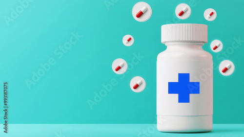 Medicine bottle with blue cross on green background, floating pills in air, health and wellness concept.