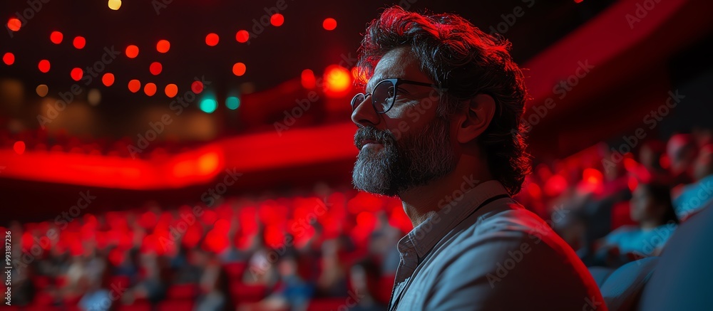 A man enjoys a captivating performance in a vibrant theater, surrounded by an audience under dramatic red lighting. A man enjoys a captivating performance in a vibrant theater, surrounded by an audience under dramatic red lighting.