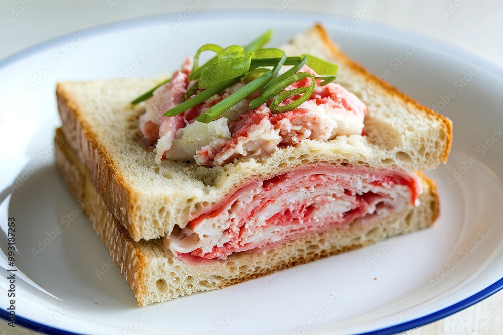 a piece of snack sandwich stuffed with crab meat in a plate a piece of snack sandwich stuffed with crab meat in a plate