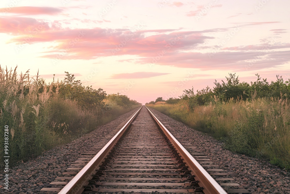 A photograph of train tracks extending into the distance, with the rails vanishing into the horizon A photograph of train tracks extending into the distance, with the rails vanishing into the horizon