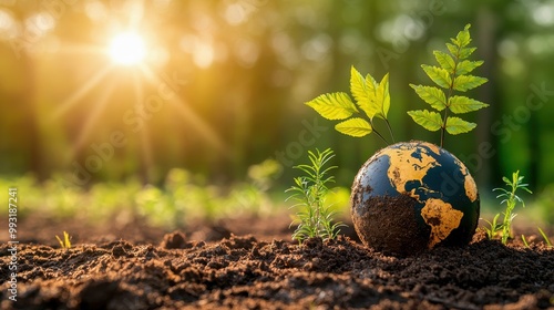 A global view of Earth with fresh green plants growing in rich soil under warm sunlight, symbolizing sustainability and nature.