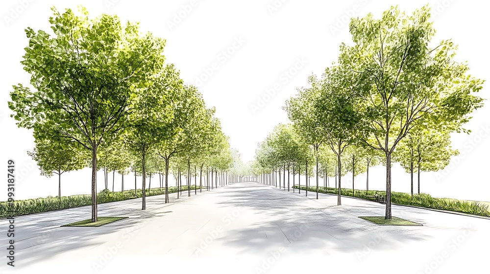 Illustration of a Tree-Lined Avenue with Lush Green Foliage Illustration of a Tree-Lined Avenue with Lush Green Foliage